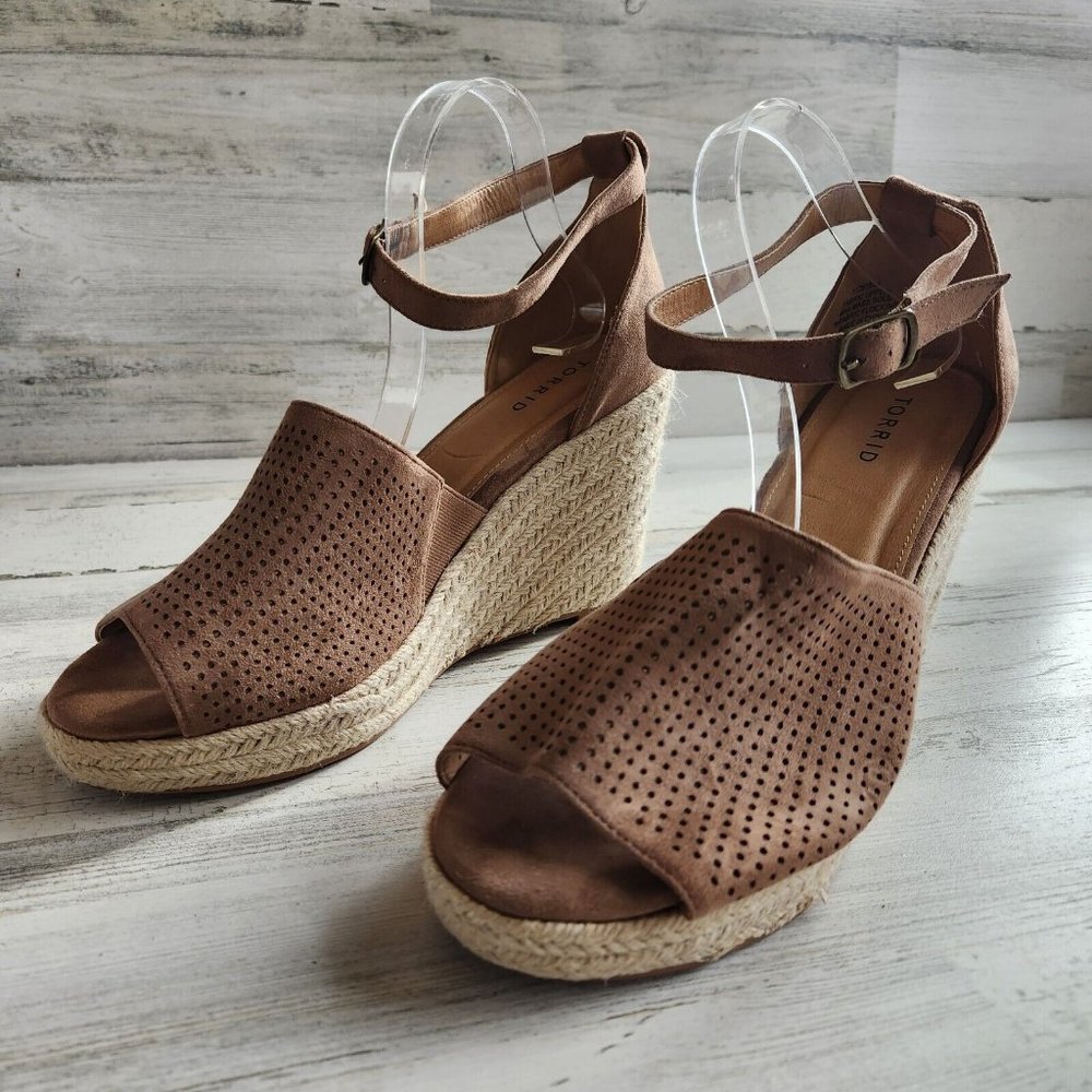 Torrid Sandals Perforated Espadrille Wedge Shoes Ankle Strap High Heel Size 12W